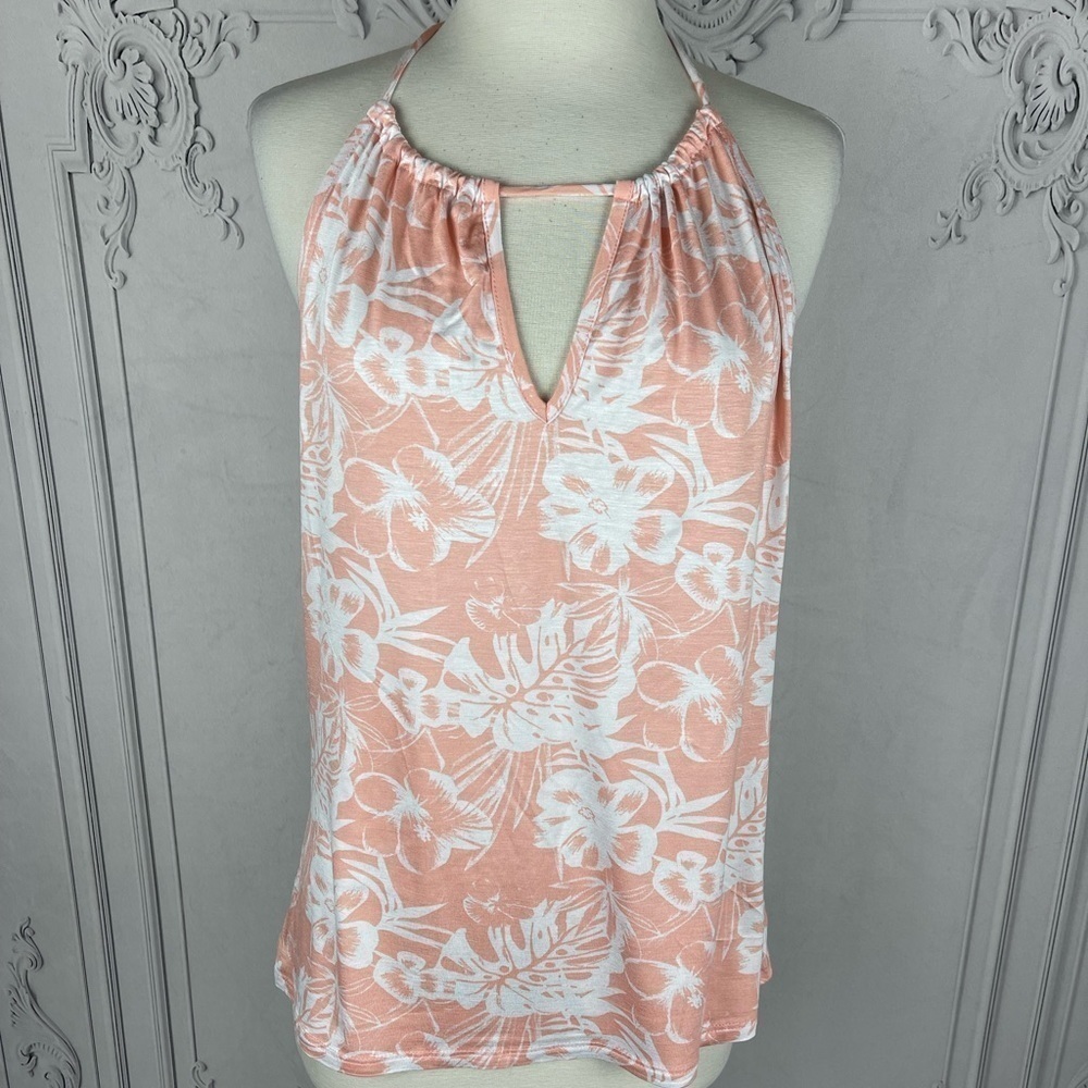 Sleeveless Pink Floral Keyhole Halter Top - Picture 2 of 4